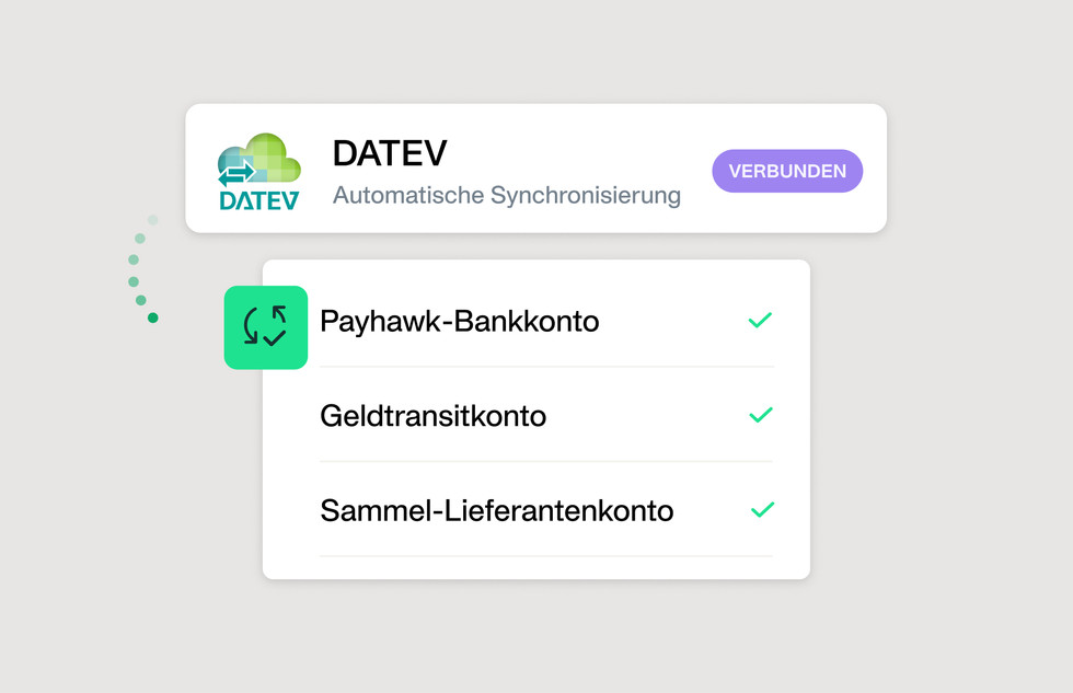 Illustration, wie Sie ein maßgeschneidertes Setup zwischen DATEV und Payhawk aus der Box erhalten können